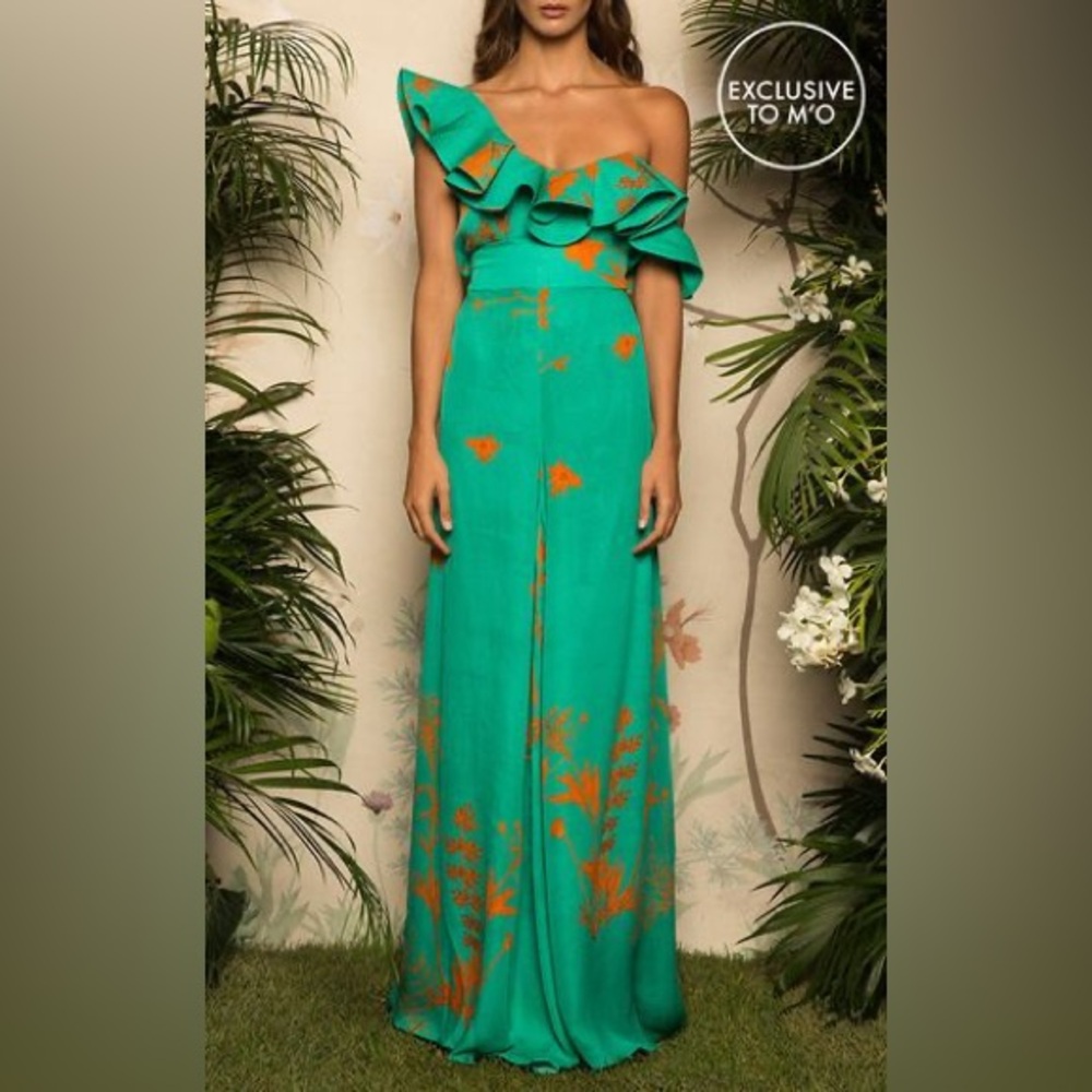 Johanna Ortiz Vibrant Green and Orange One-Shoulder Dress